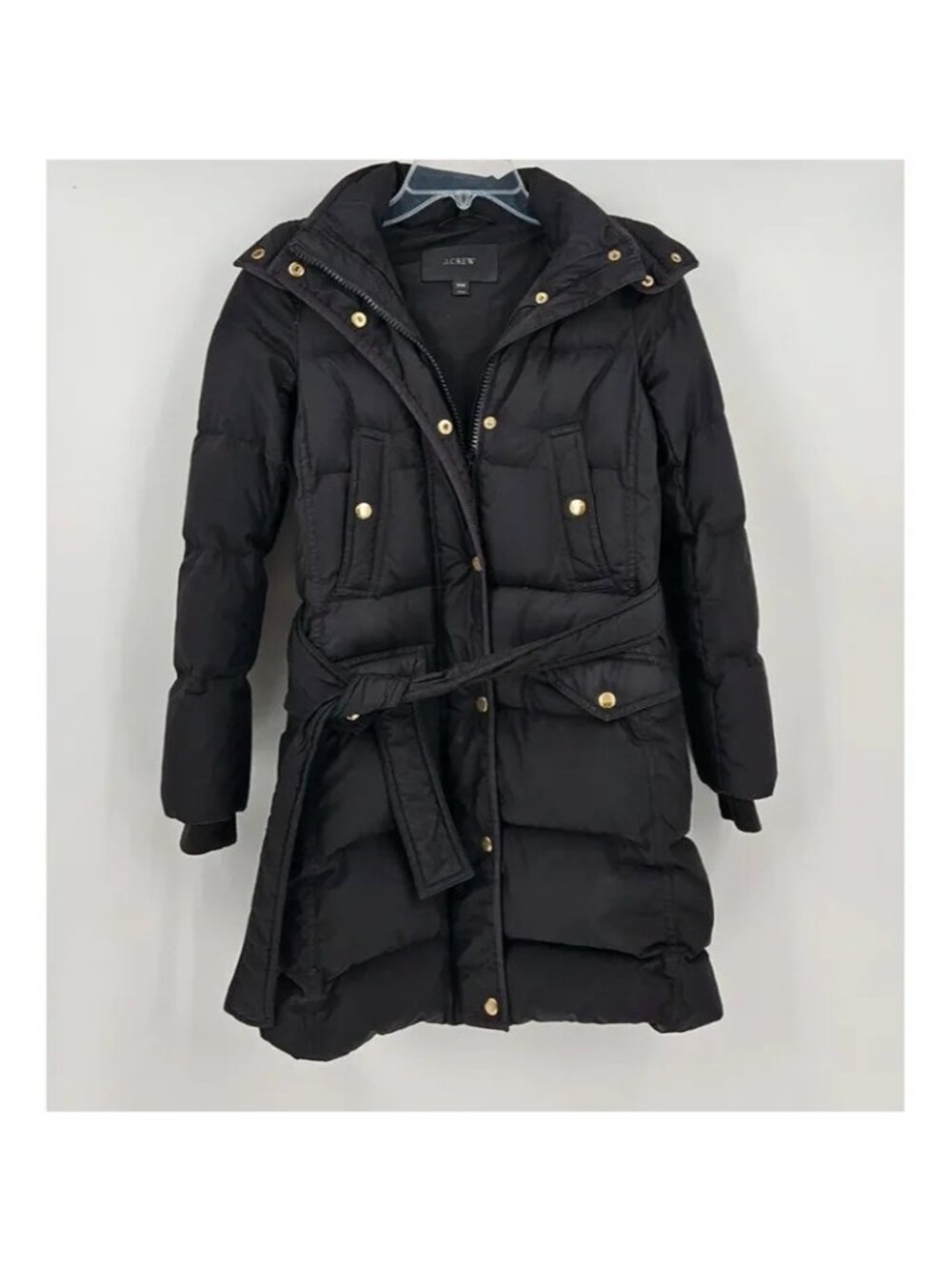 J.Crew Black Hooded Belted Down Puffer Coat Petite XXS